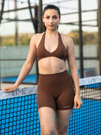 Brown Front Twist Halter Short Set