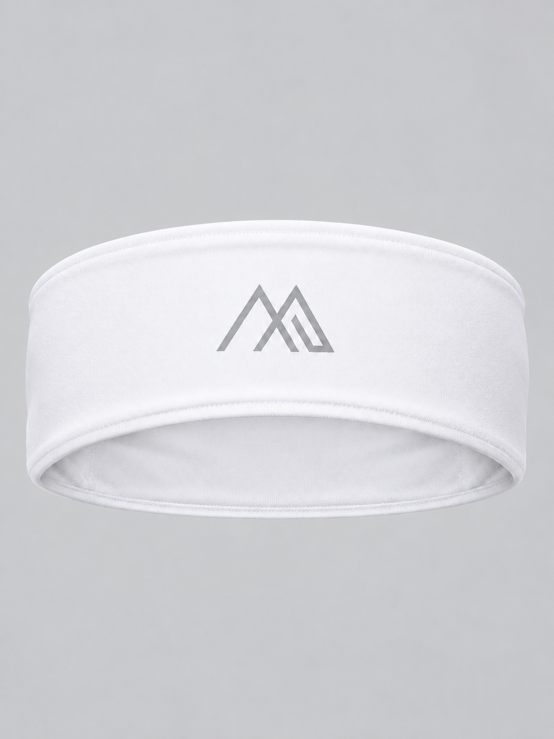 A white athletic headband with a gray geometric mountain logo in the center, displayed against a solid gray background.
